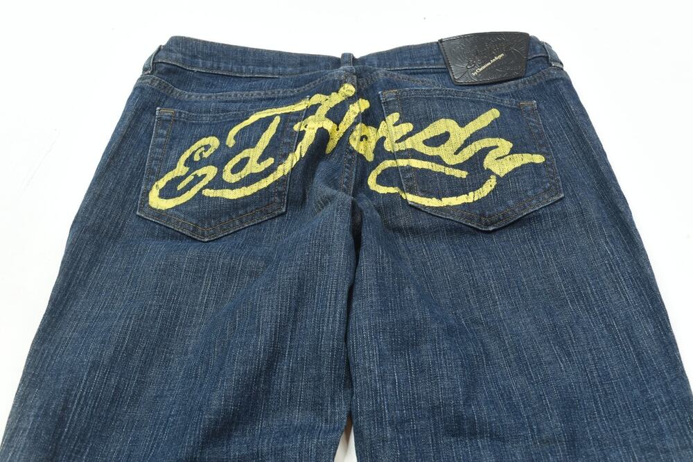Vintage Ed Hardy Super Low Rise Bootcut Jeans Womens 32 Blue Slim Fit Y2K